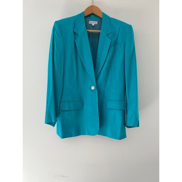 Vintage 1980s David Brooke Teal Rayon & Silk One Button Blazer Size 12 JL - Picture 1 of 10